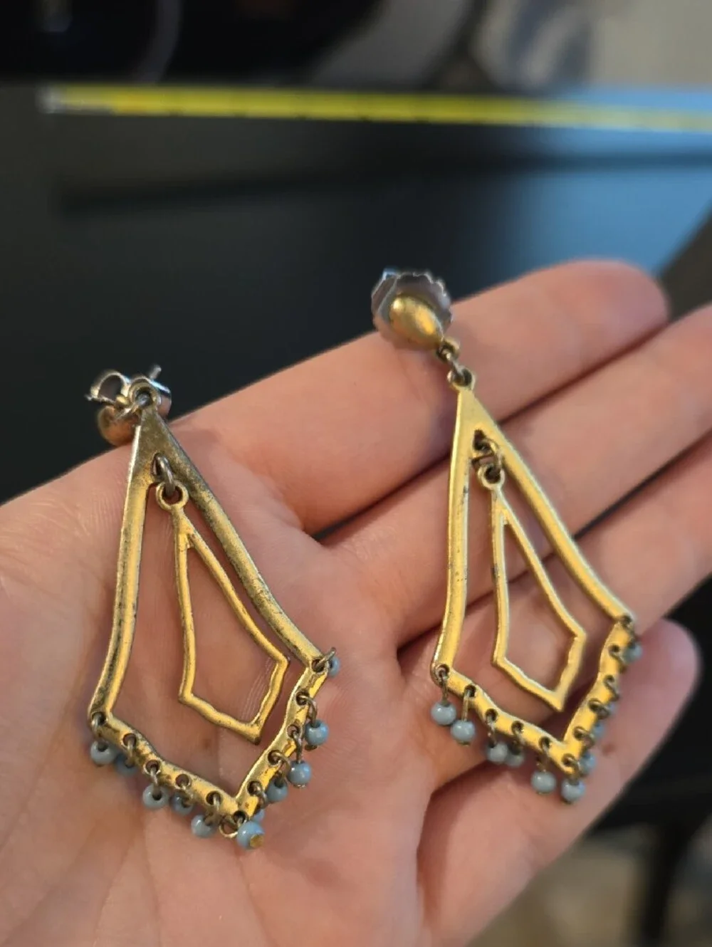 Gold-Tone Drop Earrings with Light Gray Bead Fringe